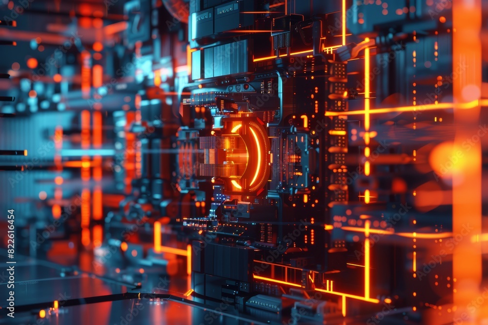 3d render of server room and cybersecurity space with neon orange  light