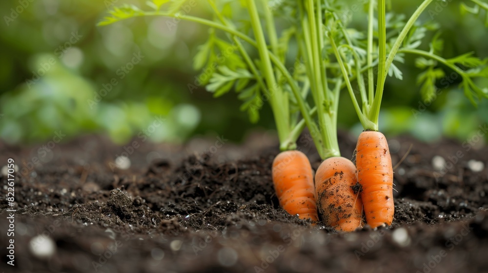 Closeup photograph of carrots in the ground Closeup photograph of carrots in the ground