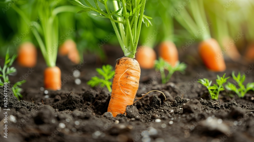 Closeup photograph of carrots in the ground