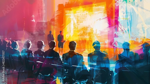 business professionals intently watching dynamic conference presentation leadership event modern setting digital painting photo