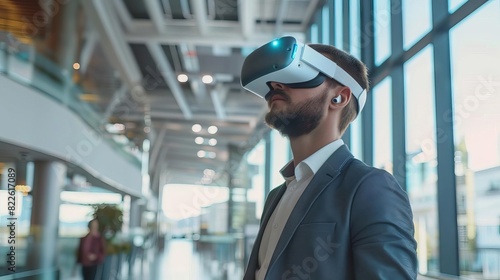 businessman using virtual reality headset to navigate digital interface future of interactive meetings