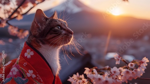 Manx Cat Admiring Sunrise at Mount Fuji with Cherry Blossoms photo