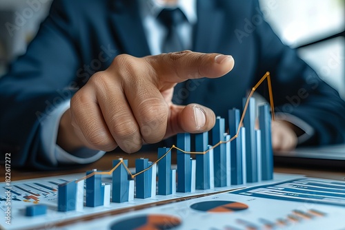 Person pointing graph laptop table statistics data