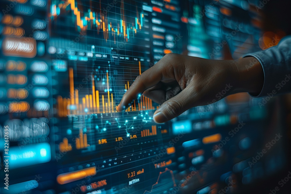 Person pointing at screen with data Person pointing at screen with data