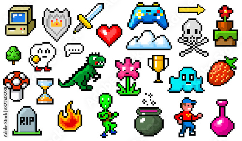 Pixel art 8 bit objects. Retro game assets. Set of icons. Vintage computer video arcades. Characters and coins, Winner's trophy. Vector illustration.