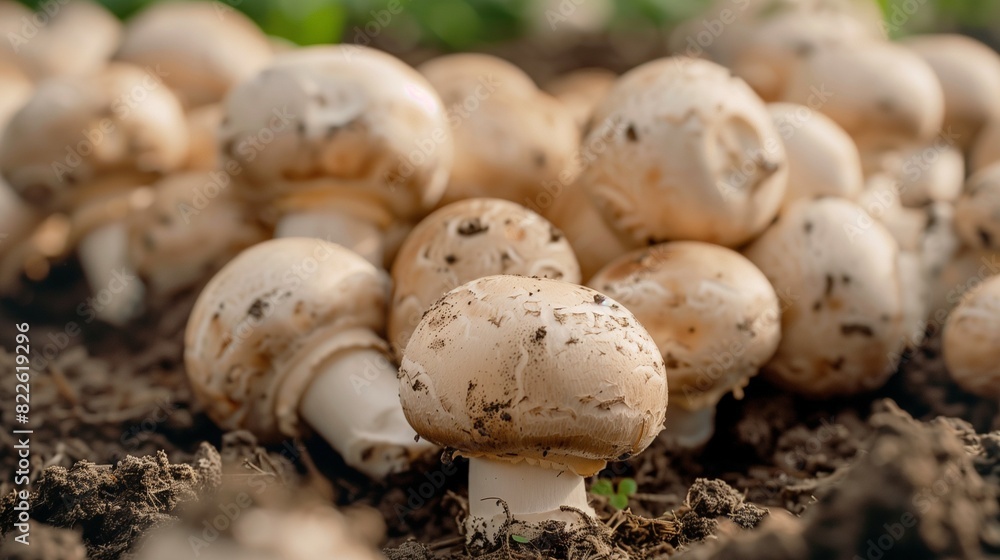 Closeup photograph of button mushrooms in the ground Closeup photograph of button mushrooms in the ground