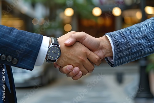Two men shaking hands in a city street