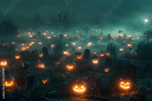 Large Field of Carved Pumpkins with Glowing Faces in Cemetery