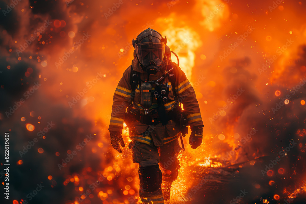 A firefighter rushing into a burning building, selflessly risking their own safety to save others. Concept of heroism and bravery. Generative Ai. A firefighter rushing into a burning building, selflessly risking their own safety to save others. Concept of heroism and bravery. Generative Ai.