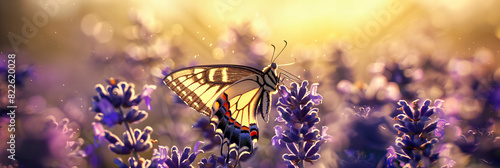 Colorful Butterfly on Lavender Flowers, Close-Up of Insect Pollinating in a Vibrant Summer Garden © MDRAKIBUL