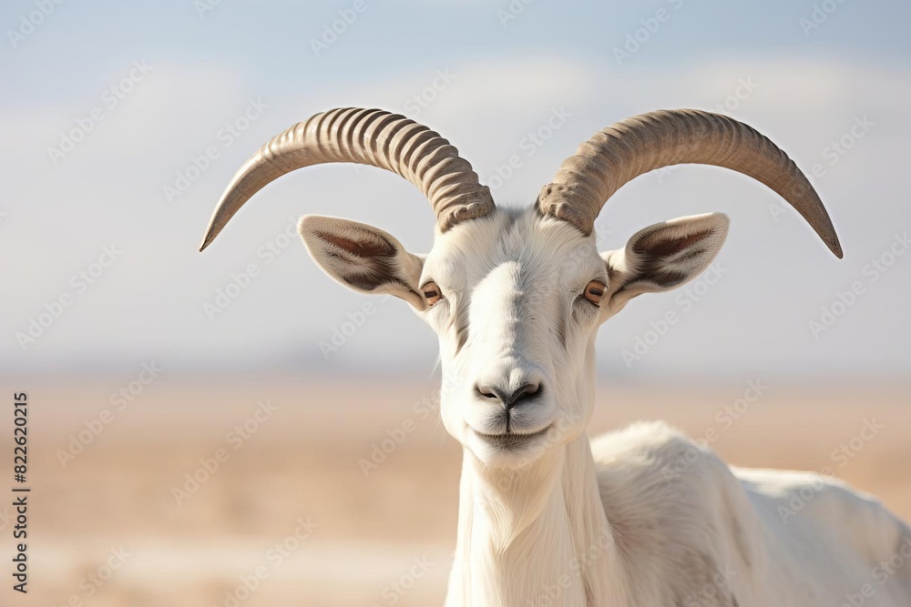 A white goat with large horns is standing in a desert A white goat with large horns is standing in a desert
