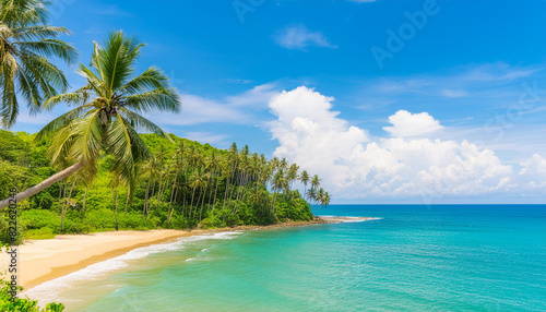 Beautiful tropical beach sea ocean with coconut and other tree around white cloud on blue sky