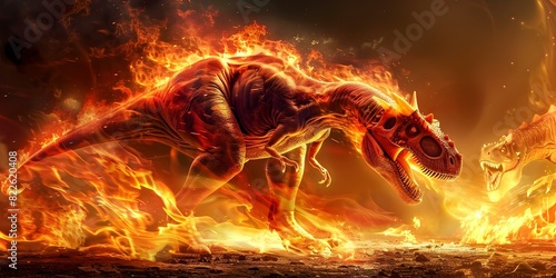 Dinosaur escapes fire with strong legs dragon roars in distance. Concept Fantasy, Escape, Fire, Dinosaurs, Dragons © Ян Заболотний