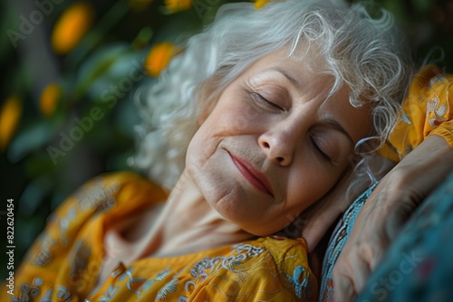 A woman is lying down with her eyes closed photo