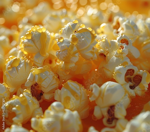 buttered popcorn. The scene should have no background  showcasing only the pattern of popcorn pieces. 