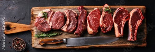 Meat Cut. Aged Black Angus Prime Beef Steaks Displayed on Wooden Chopping Board photo