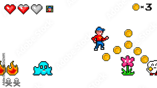 Pixel mountains. The game character collects coins. Passing levels and number of lives. art 8 bit objects. Background for the application or a website. Retro game poster for computer video arcades.