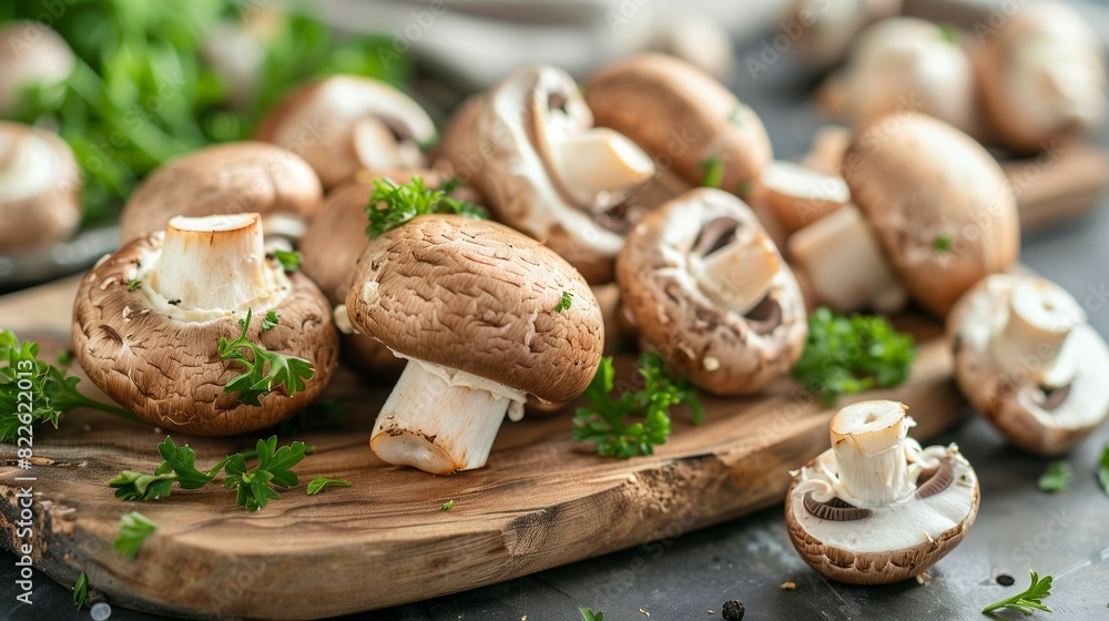 Closeup photograph of button mushrooms on cutting board Closeup photograph of button mushrooms on cutting board