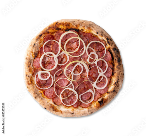 Calabrese sausage and onion style pizza isolated over white background