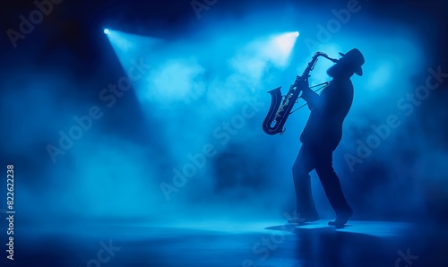 Saxophonist plays the saxophone on stage with blue spotlights and smoke. Jazz festival. Jazz music and performance concept for poster, wallpaper and banner design