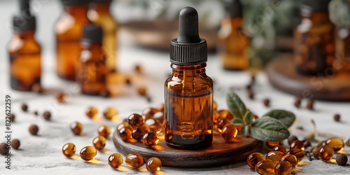 An amber dropper bottle surrounded by gel capsules on a wooden plate  emphasizing themes of natural health  wellness  and herbal supplements. natural setting.