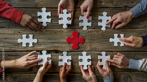 Diverse hands working together to complete a puzzle with a red center piece.