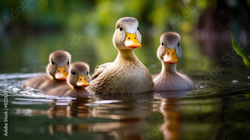 A group of ducks are swimming in a pond
