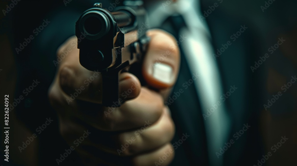 A man is holding a gun and pointing it at the camera, armed robber or dangerous burglar A man is holding a gun and pointing it at the camera, armed robber or dangerous burglar