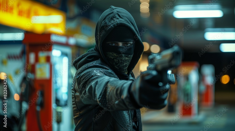 A man in a hoodie is holding a gun and standing in front of a gas station, armed robber or dangerous burglar A man in a hoodie is holding a gun and standing in front of a gas station, armed robber or dangerous burglar