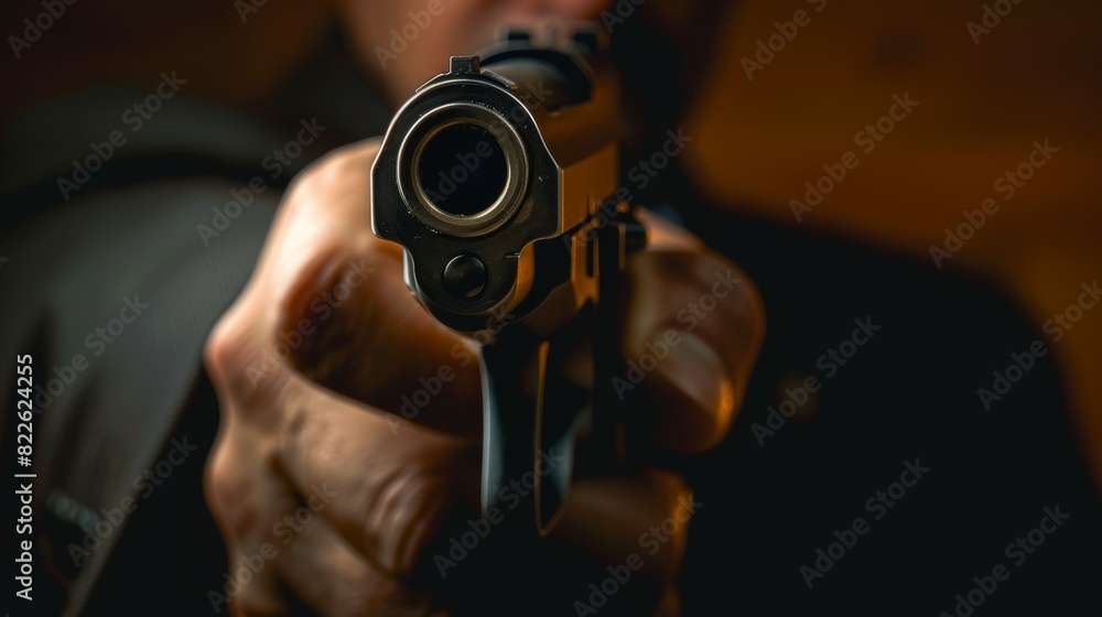 A man is holding a gun and pointing it at the camera, armed robber or dangerous burglar A man is holding a gun and pointing it at the camera, armed robber or dangerous burglar