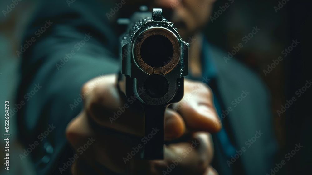 A man is holding a gun and pointing it at the camera, armed robber or dangerous burglar A man is holding a gun and pointing it at the camera, armed robber or dangerous burglar
