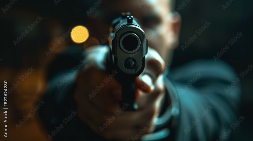 A man is holding a gun and pointing it at the camera, armed robber or dangerous burglar A man is holding a gun and pointing it at the camera, armed robber or dangerous burglar