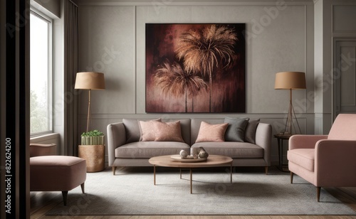Sophisticated professional photograph of a burgundy and rose gold luxury living room interior with abstract art and indoor palm trees