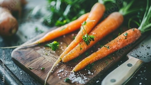 Closeup photograph of carrots on cutting board photo