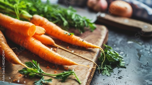 Closeup photograph of carrots on cutting board photo