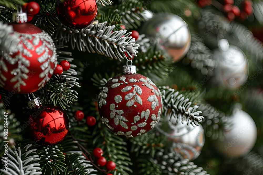 Close up of a christmas tree decorations Close up of a christmas tree decorations