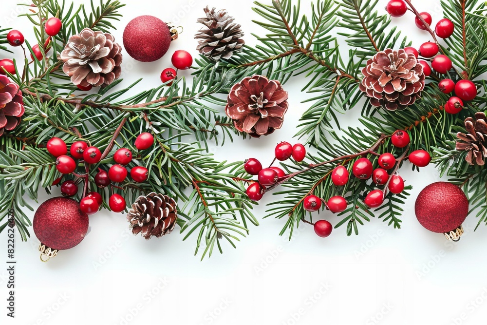 A christmas tree adorned with pine cones and red baubles A christmas tree adorned with pine cones and red baubles
