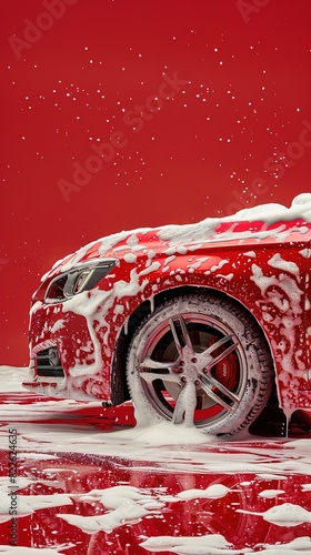 red modern car in foam on a car wash on a red background with copy space. car care banner with place for text. no people .cleaning. vertical photo.