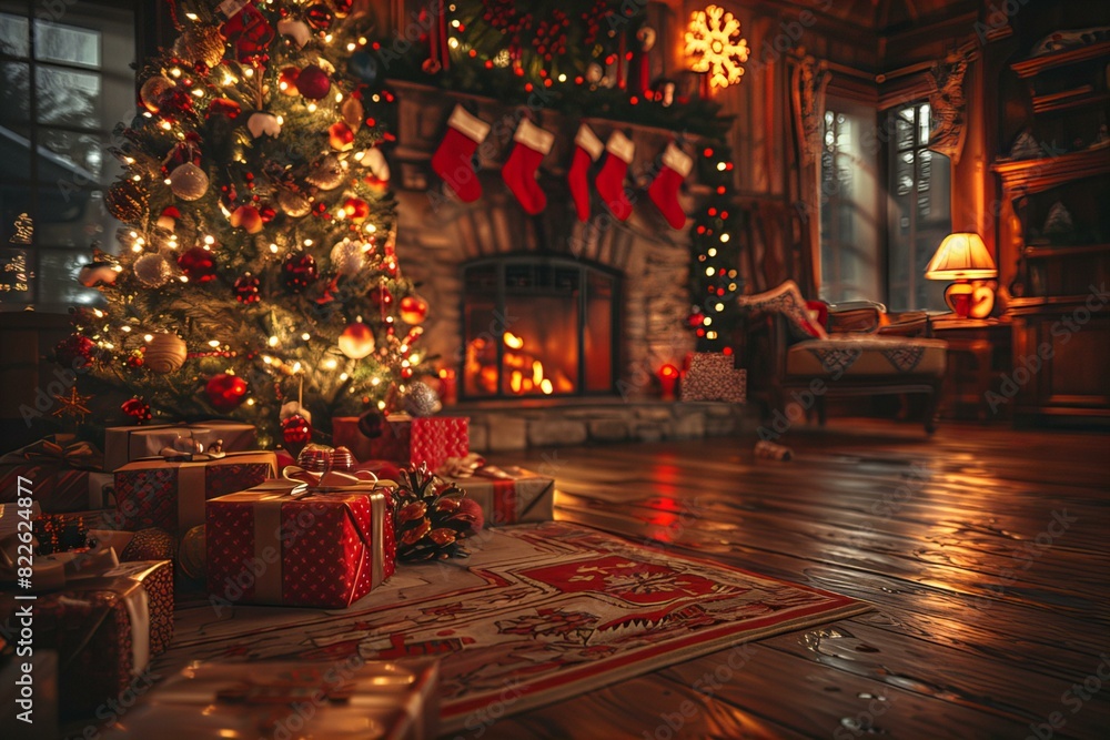 Living room with christmas tree, presents, and fireplace