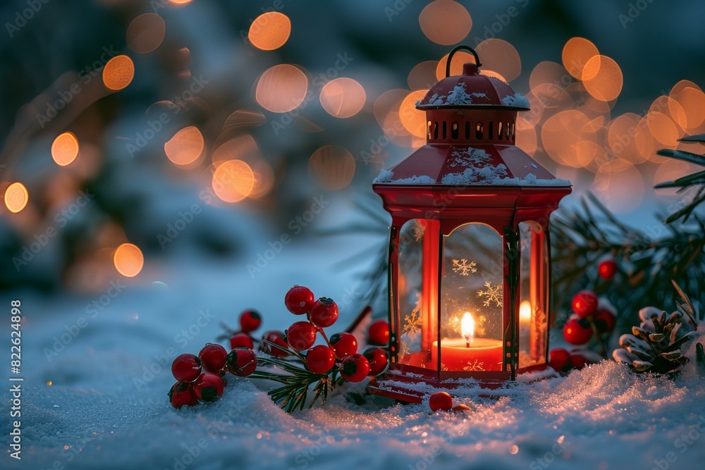 Red lantern candle snow