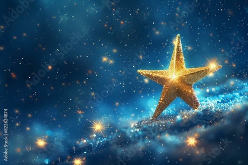 Gold star shining in night sky