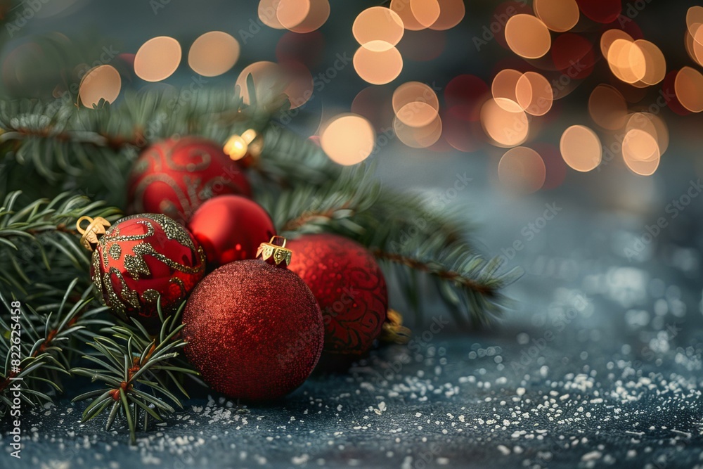 Three red christmas balls hang tree branch