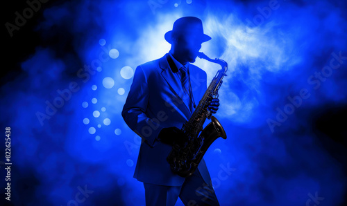 Silhouette of a jazz musician playing the saxophone against a blue light background.  Jazz music and performance concept for poster  wallpaper and banner design.
