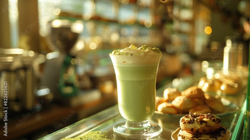 A cup of green matcha, tea latte on a glass counter in a bakery A cup of green matcha, tea latte on a glass counter in a bakery