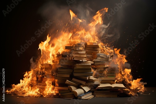 Fototapeta Orderly Stack book fire magic. Human press. Generate AI
