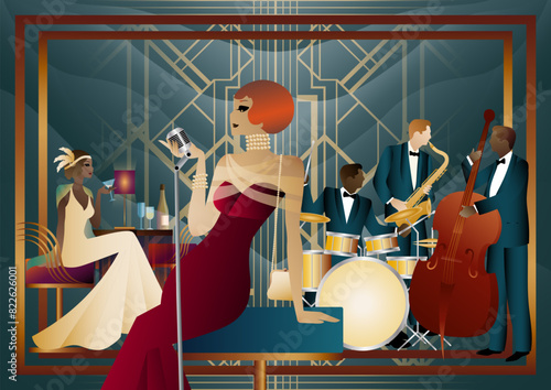 Jazz musicians and singer in a restaurant, cafe or bar. Double bass, saxophone, drum. Musicians play musical instruments