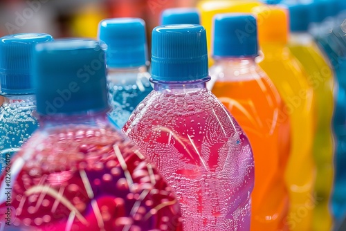 Various colored drink bottles on shelf photo