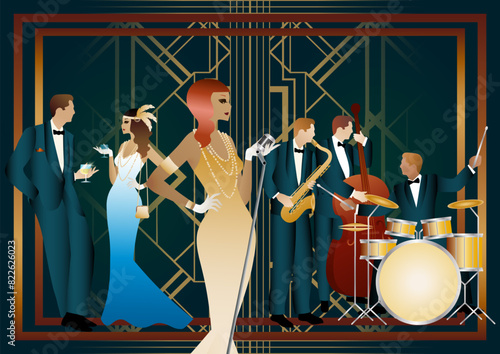 Jazz musicians and singer in a restaurant, cafe or bar. Double bass, saxophone, drum. Musicians play musical instruments