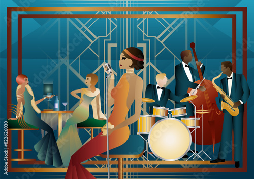 Jazz musicians and singer in a restaurant, cafe or bar. Double bass, saxophone, drum. Musicians play musical instruments