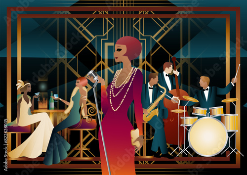 Jazz musicians and singer in a restaurant, cafe or bar. Double bass, saxophone, drum. Musicians play musical instruments